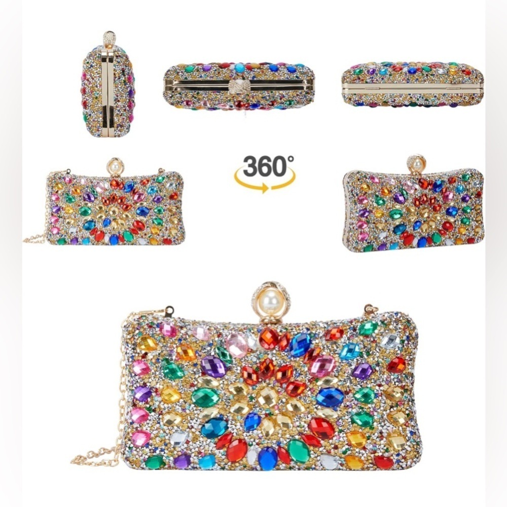 Multicolor Rhinestone Clutch w/Chain Strap - Picture 6 of 9